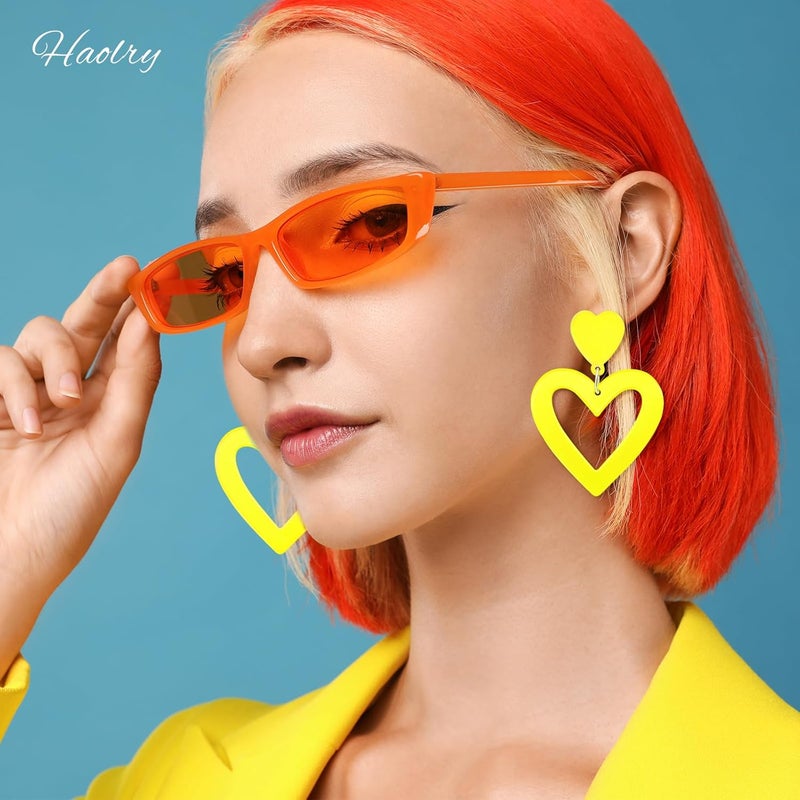 HOLYRY Neon Heart Earrings for Women Acrylic Neon Earrings 80s 90s Outfit for Women Glow Party Accessories Gifts Hot Pink Orange Green Yellow - Image 5